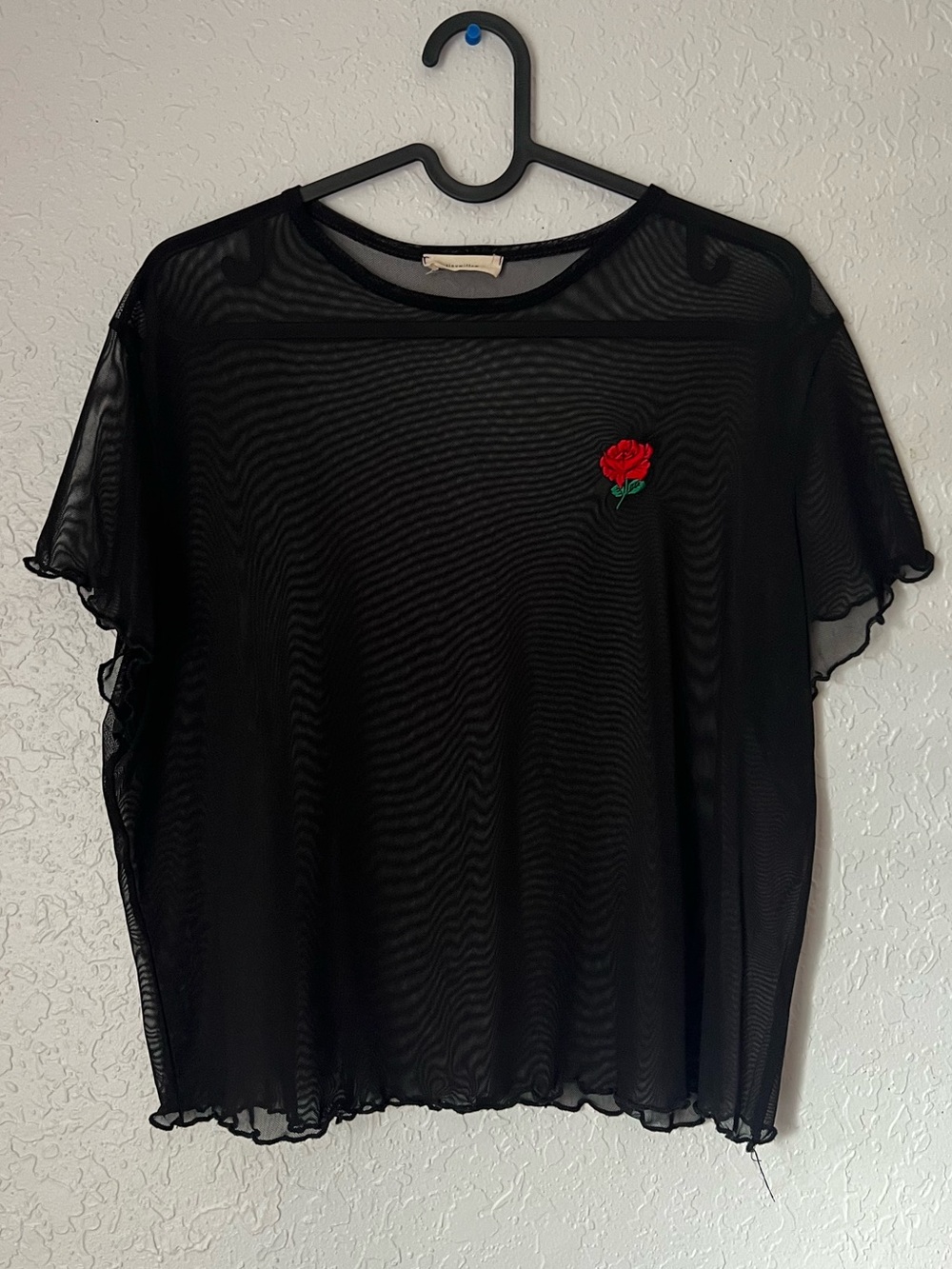 Sheer Black Mesh Crop Top with Red Rose Embroidery